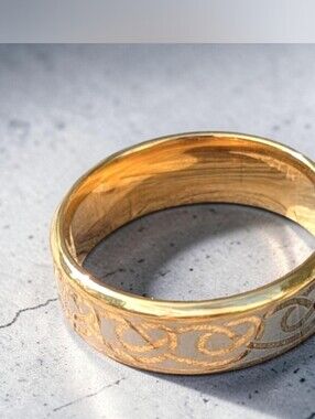 8mm Laser Etched Gold Celtic Pattern Wedding Ring Band S7, 12.5, 13, 14